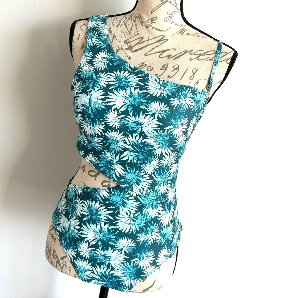 Michael Kors Swimsuit One Piece Cut Out Side One Shoulder Adjustable Teal Palms